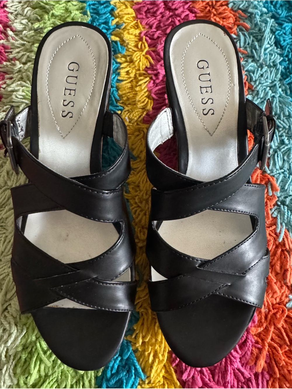 GUESS Black Leather Crisscross Mule Sandals